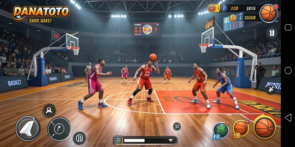 Antarmuka menarik dan gameplay seru dalam permainan basket.